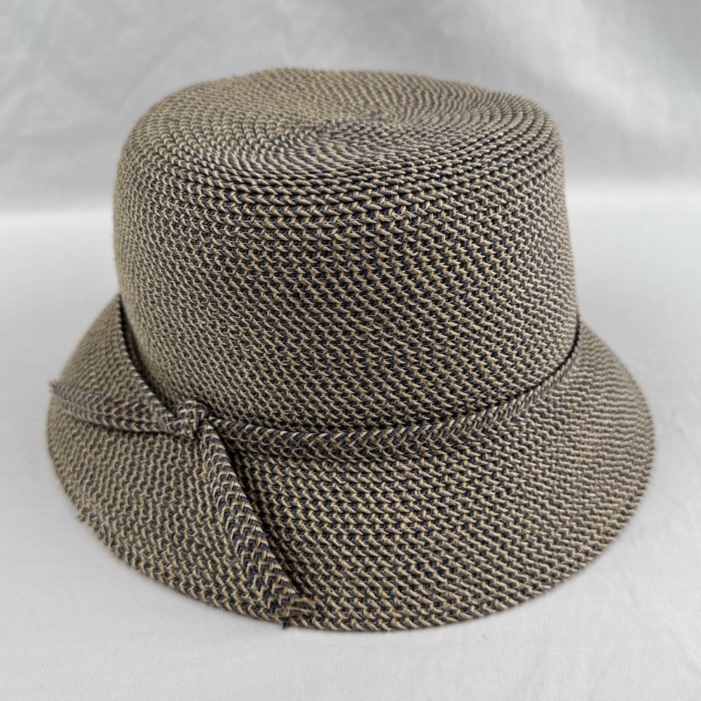 Vintage 80s Woven Bucket Hat Tan Blue Braided Summer Beach Ariane Millinery